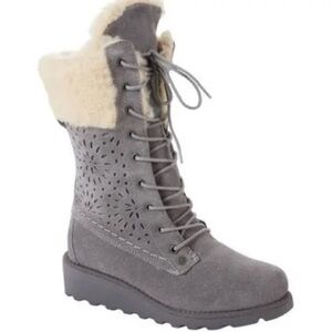 Bearpaw Kylie 9 suede perforated boots grey faux fur trim women’s winter warm
